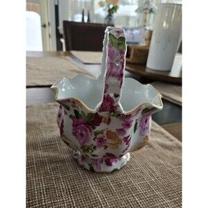 Vintage Royal Danube White Pink Rose Chintz Scalloped Basket with Handle